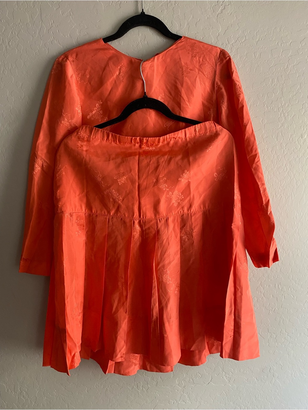 Custom Tailored Orange Floral Jacquard Blouse Drop Waist Pleated Skirt Set